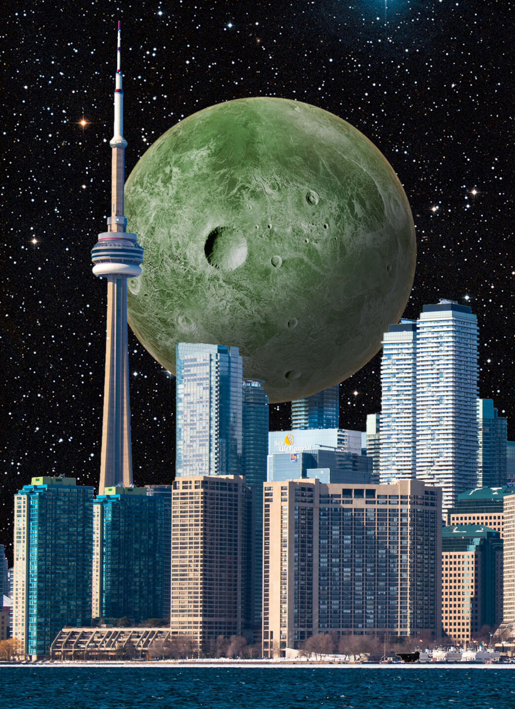 Toronto Skyline with planets and stars in the background